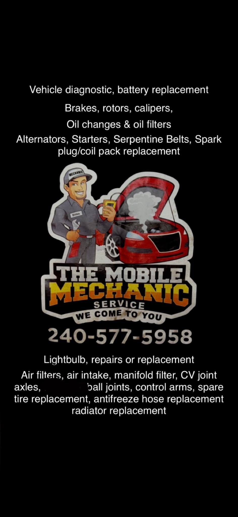 The Mobile Mechanic promotional graphic listing auto repair services, with the mascot and phone number 240-577-5958